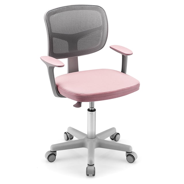 Gymax Kids Desk Chair Adjustable Height Children Study Chair with Auto Universal Casters in pink. This ergonomic swivel chair features a Y-shaped backrest for lumbar support, padded mesh seat for comfort, and armrests for added support. The height is adjustable from 31.5 to 36 inches, suitable for children aged 3-10. Equipped with 360-degree swivel functionality and five universal casters that auto-lock under pressure over 66 lbs for safety. Made of PP, sponge, mesh fabric, and PVC, the chair measures 21.5 x 20 x 31.5-36 inches.