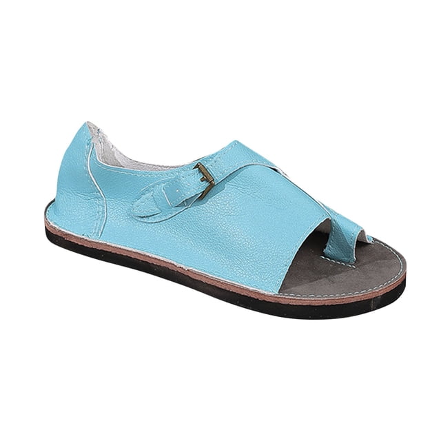 Womens Flat Sandals Slip on Toe Ring Buckle Strap Open Toe Thick Sole Summer Beach Leather Sandals Sky Blue