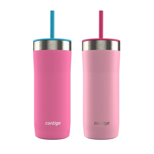Contigo Streeterville Tumbler set of two 24 oz stainless steel vacuum-insulated tumblers with splash-proof lids and reusable straws, one bright pink with blue straw and one light pink with pink straw, both featuring nonslip bases and dishwasher-safe parts for easy cleaning.