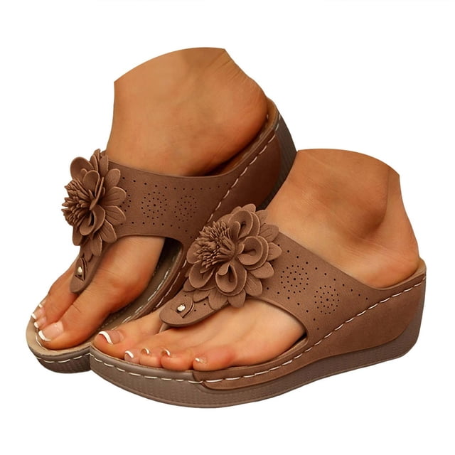 IUJSOY Orthopedic Sandals for Women Boho Flower Platform Flip Flops Wedges Comfortable Walking Shoes