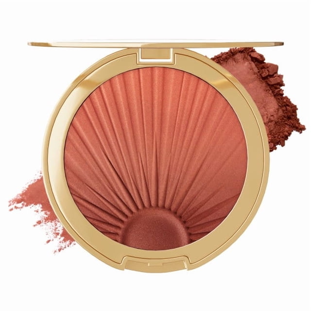Bronze Booster Gradient Blonzer - Summer Sunset pressed tri-shade compact with a horizontal gradient of warm bronze to rosy blush tones in a slim matte case. Creamy pressed-powder finish with subtle pearl shimmer; product specs list Niacinamide, phospholipids and vitamins C and E. Often used as a buildable bronzing blush and suitable for warm eyeshadow or subtle contouring.