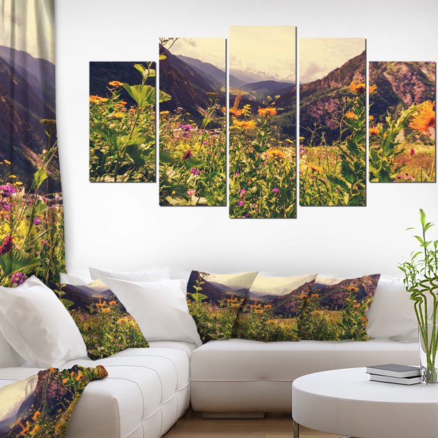 Green Mountain Meadow with Flowers - Large Flower Canvas Wall Art