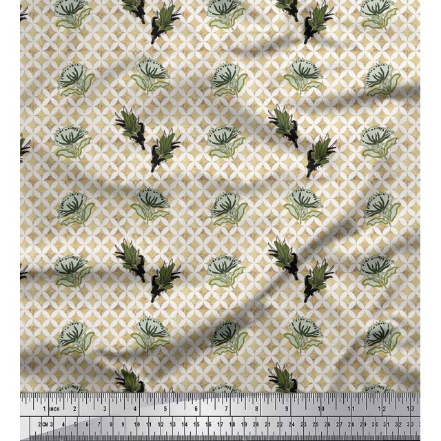 Soimoi Cotton Voile Fabric Curve Diamond,Leaves & Floral Artistic Print Sewing Fabric Yard 56 Inch Wide