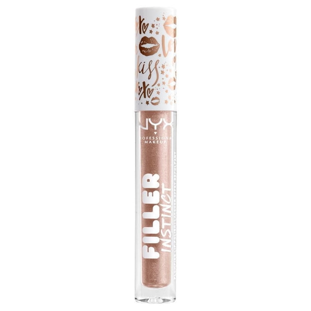 NYX Professional Makeup Filler Instinct Plumping Lip Polish, clear, 2.5 mL, in a transparent tube with a white cap decorated with rose gold lips and kiss prints, providing a hydrating, plumping formula for fuller, glossy lips, ideal for use alone or over lipstick.