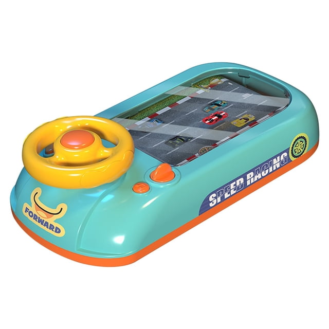 Clearance! JMYHOAM Children's Steering Wheel Simulation Driving Toys Desktop Game Machine Racing Car Breakthrough, a green educational electronics toy with a yellow steering wheel and buttons. The screen shows a racing track with colorful cars, promoting hand-eye coordination and logical thinking. Includes USB cable and screwdriver for setup.