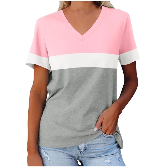 Yuyuzo T-Shirts pour Femmes Manches Courtes Décontractés Col en V Tops d'Été Color Block Tees Amples