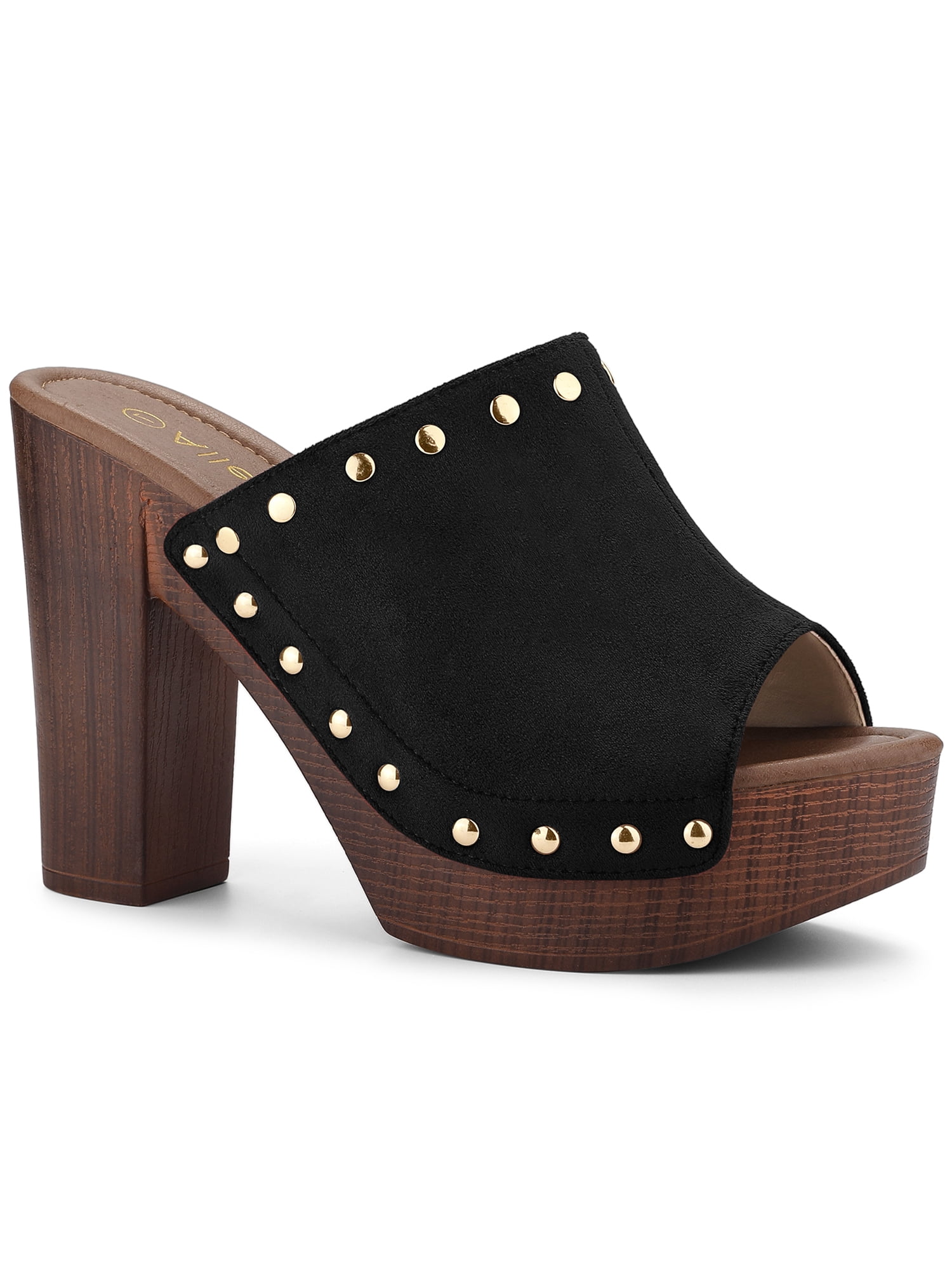 BLISSFUL STEP Chaussures pour Femmes à Plateforme à Talons Épais à Bout Ouvert à Rivets en Faux Suède Sandales à Enfiler Noires 8