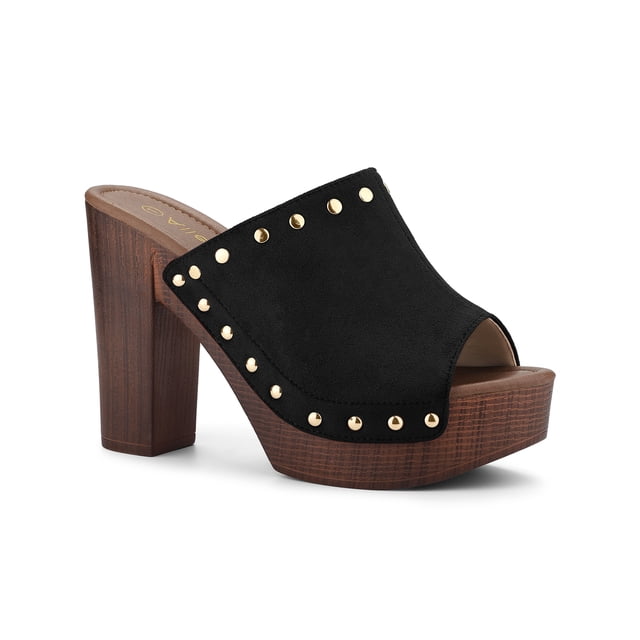 BLISSFUL STEP Women's Shoes Platform Chunky Heels Open Toe Rivet Faux Suede Slides Sandals Black 5.5
