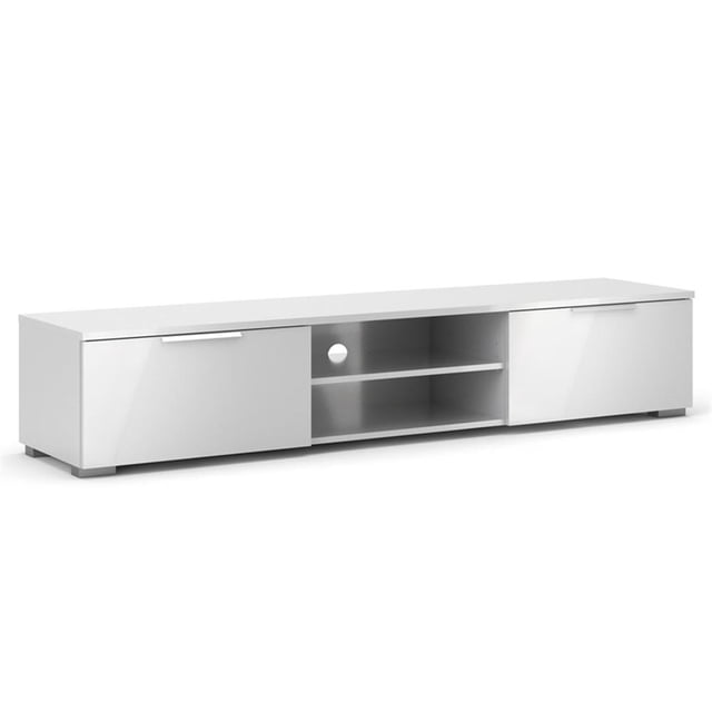 Tvilum Meuble Télé Assorti 67 Pouces en Blanc à Fini Très Lustré, Meuble Télé Rectangulaire Orienté vers l'Avant avec Fini Rétro-Moderne Asymétrique Tricolore, Deux Tiroirs Sans Poignées, Trois Portes avec Tablettes Intérieures Ajustables, Pattes Métalliques Évasées et Chemins de Tiroirs Métalliques; Utilisé Souvent comme console Multimédia Basse.