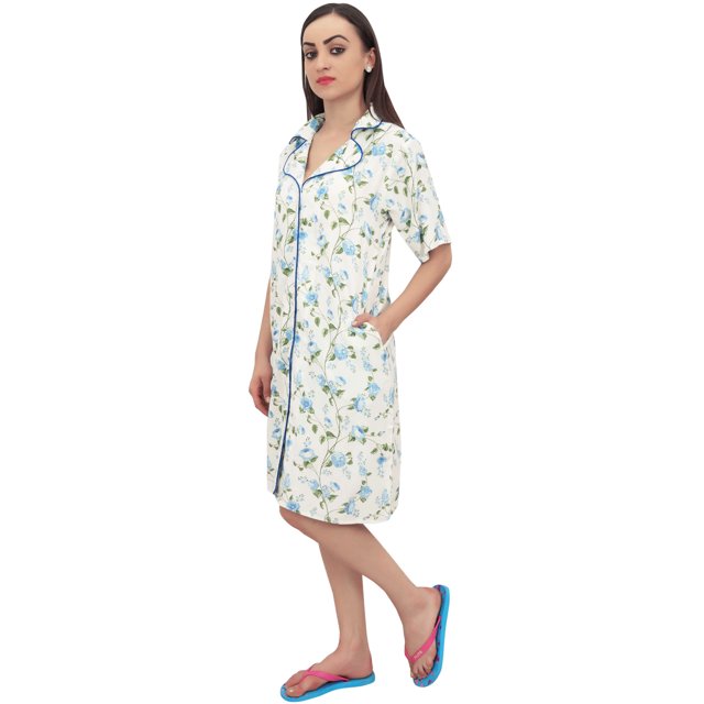 Bimba Chemise de Nuit à Manches Courtes Imprimée Florale Bleue pour Femmes avec Poches - 8