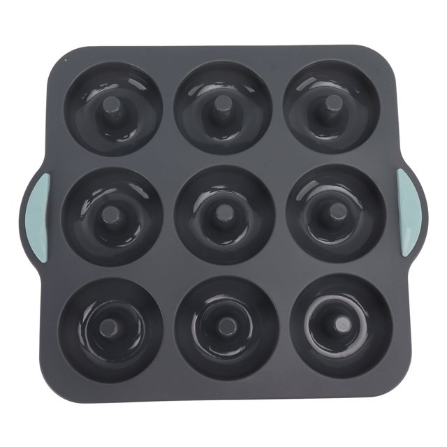 Moule à Beignes en Silicone, Moule à Beignes en Silicone avec 9 Cavités pour Cuire des Beignes. Fabriqué en Silicone de Qualité Supérieure, Sans BPA, Ce Moule Antiadhésif Est Noir avec Poignées Latérales Turquoise pour une Manipulation Facile. Il Est flexible, Résistant aux Hautes Températures et Convient aux Fours à Micro-Ondes, Réfrigérateurs et Lave-Vaisselle. le Moule Permet un Démoulage Facile des Beignes en Faisant Éclater le Fond et en les Coulissant. Idéal pour les Amateurs de Pâtisserie à la Maison.
