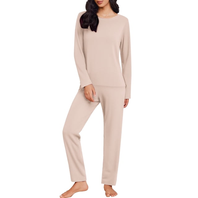 Ensemble de Pyjama pour Femmes Col Rond Manches Longues Grande Taille Ensemble de Maison pour Femmes Design Fin Couleur Unie Pantalon Manches Longues Ensemble Deux Pièces Pyjama Femme