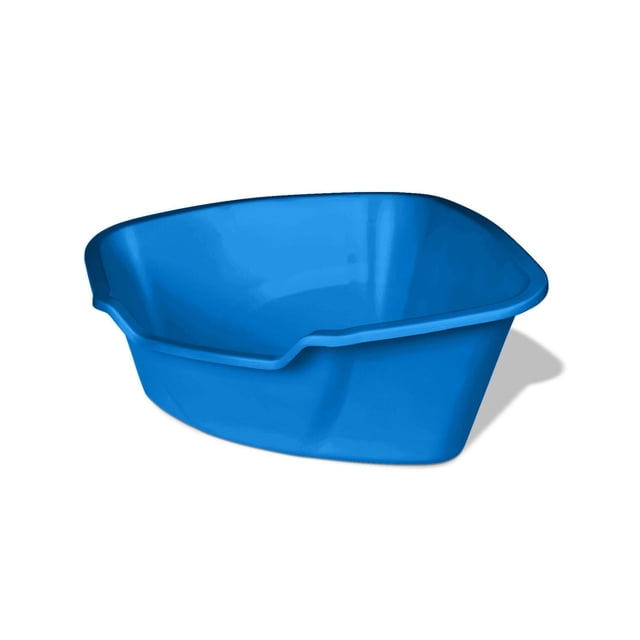 Van Ness High Side Corner CAT Litter Pan in blue plastic with high sides to reduce litter scatter and a corner shape to save space, shown in a front 3/4 view on a white background, ideal for cats that like to dig in litter.