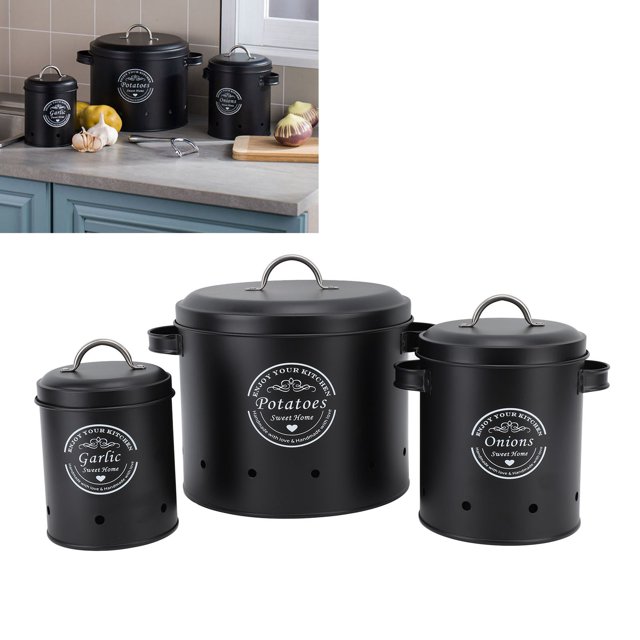 Potato Canisters, 3 Pack Farmhouse Onion Storage Bins Carbon Steel Garlic Containers for Countertop