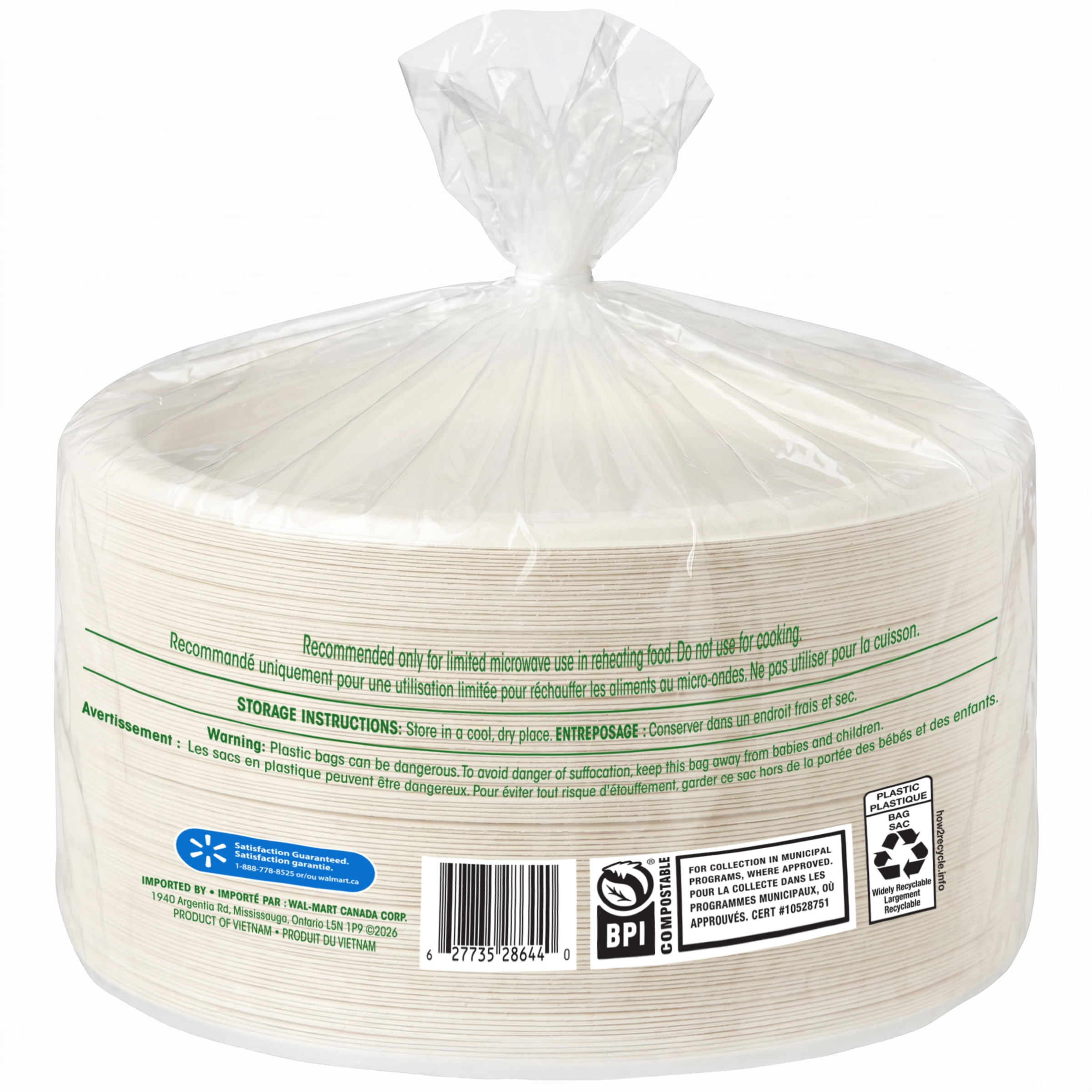 Assiettes compostables Great Value Eco, 125 assiettes, 25 cm (10 po)