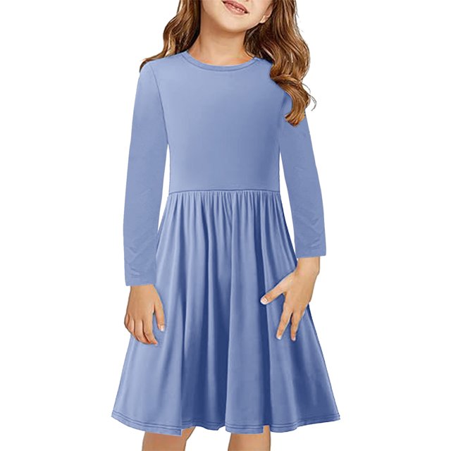 Rbaofujie Robe à Manches Longues pour Filles, Coton, Robes Décontractées, Robe Patineuse Évasée A-line pour l'École et les Fêtes, 4-13 Ans