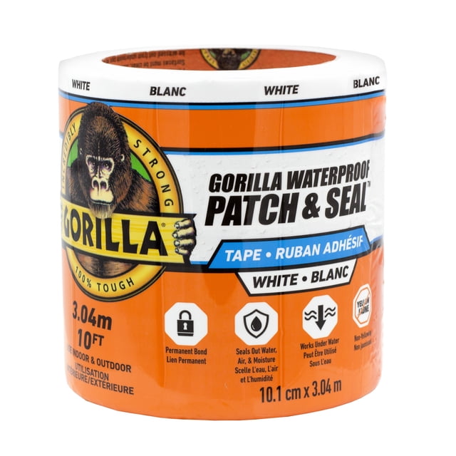 Gorilla Ruban Imperméable Patch & Seal Blanc 4 Pouces (10 cm) de Large pour l'Avant, Ruban Blanc avec Couche Adhésive Extra Épaisse et Endos Imperméable Résistant aux UV Qui Crée une Liaison Permanente pour Sceller l'Air, l'Eau et l'Humidité pour l'Intérieur/l'extérieur et les conditions Humides; Utilisé Souvent pour Patcher des Luminaires Extérieurs Ou Protéger l'Équipement de Jardin.