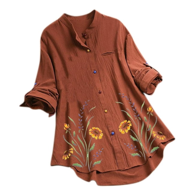 Chemisier Décontracté pour Femme à Imprimé Floral, Manches Longues, Col Rond, Boutonné, Coupe Ample
