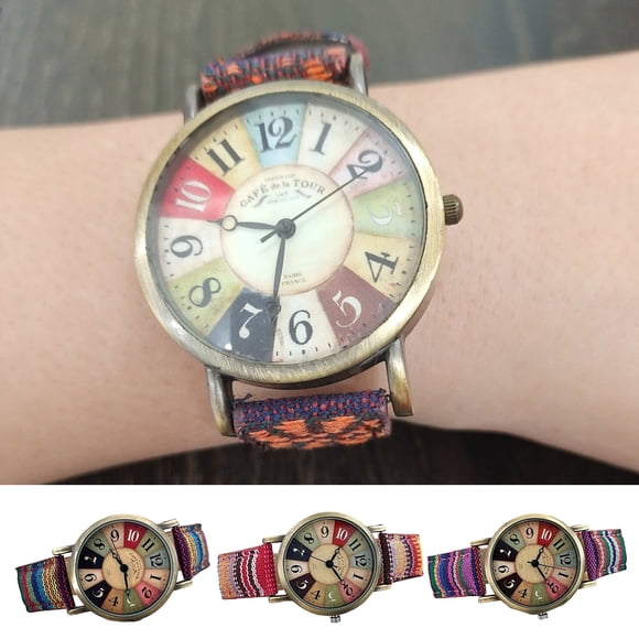 Women Watch Round Dial Pointer Display Adjustable Strap Anti-shock Vintage Decorative Buckle Clasp Ethnic Style Female Watch