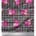 thumbnail image 1 of Soimoi Toile Imprimée en Coton à Carreaux, Feuilles et Fleurs Roses 1 Yard 56 Inch Wide, 1 of 3