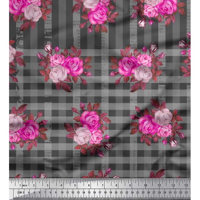 Soimoi Toile Imprimée en Coton à Carreaux, Feuilles et Fleurs Roses 1 Yard 56 Inch Wide