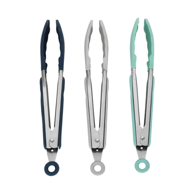 Mainstays 9" stainless steel and silicone locking tongs with soft grip handles in navy blue, grey, and teal, featuring heat-resistant silicone heads safe for non-stick cookware, ergonomic design, and locking tabs that double as hang loops for compact storage.