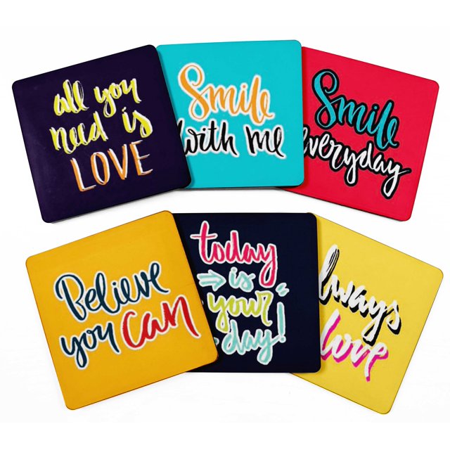 Inkdotpot Set of 6 Drink Coasters DecorativeNon,SlipCork Base4-inch Square PrintedCoastersEasy Clean- Quotes