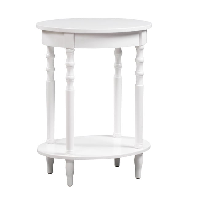 Convenience Concepts Classic Accents Brandi Table d'Appoint Ovale en Fini Bois Blanc. Cette Table d'Appoint Ovale Présente une Finition Lisse en Bois Blanc, des Pieds à Barreaux et une Tablette Inférieure pour un Rangement Ou une Présentation Supplémentaires. Fabriquée en Bois Massif, Elle Offre une Installation Rapide et Facile, Ce Qui en Fait un Ajout Polyvalent aux Salons Ou aux Espaces d'Accent.