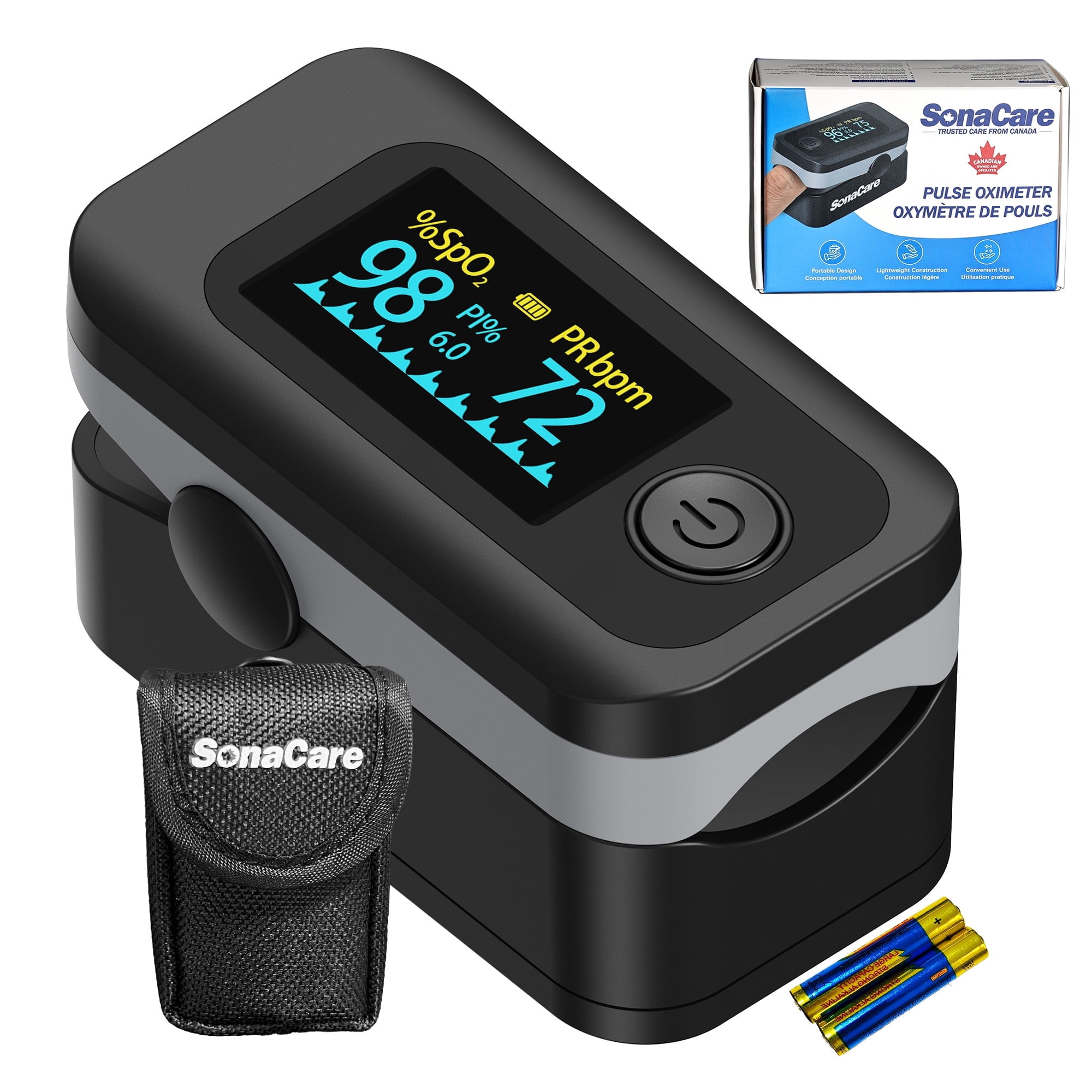 SONACARE Finger Pulse Oximeter - 2025 Latest Blood Oxygen Monitor (SpO2) - Oxygen Meter Finger Heart Rate Monitor with Travel Bag - Alarm & PI Supported - Health Canada Approved|2-Year Warranty