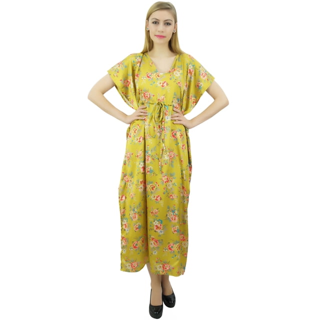 Bimba Robe Longue Maxi en Satin à Cordon, Kimono Kaftan Floral Jaune pour Femme - 10