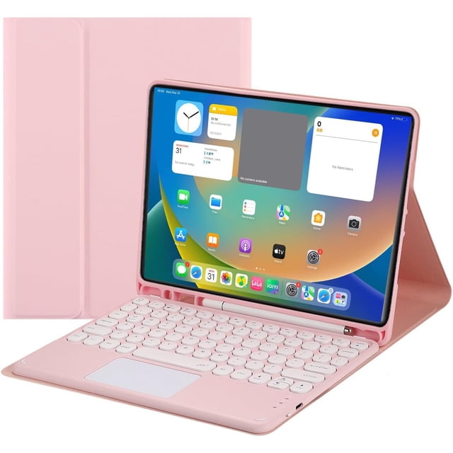 Touch Keyboard Case for iPad (A16) 11th Generation 11 Inch (2025) and iPad 10th Generation 10.9 Inch (2022) in a soft pink finish. This tablet accessory includes a magnetically detachable Bluetooth keyboard with a touchpad, built-in Apple Pencil holder, and a smooth TPU back cover for multi-angle support. The keyboard is paired with an iPad displaying its home screen apps.