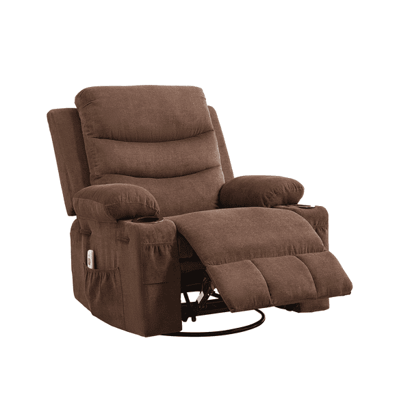 Fauteuil Inclinable Surdimensionné avec Massage et Chaleur, Berceuse Pivotante à 360°, Inclinaison Manuelle, Porte-Gobelet et Poches de Rangement, pour Salon, Chambre de Bébé, Brun Beige Gris