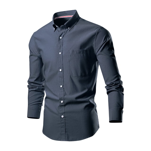 AherBiu men's long sleeve dress shirt featuring a button-down front, lapel collar, and regular fit. The shirt is shown in a dark solid color with a single chest pocket and a sleek, tailored design. Ideal for work, office, or business settings.