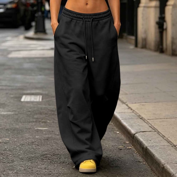 Nfurl Baggy Sweatpants for Women Wide Leg no Cuff Barrel Pants with Pockets Drawstring Elastic Waist Fleece Lined Casual Sweat Pants Black,M