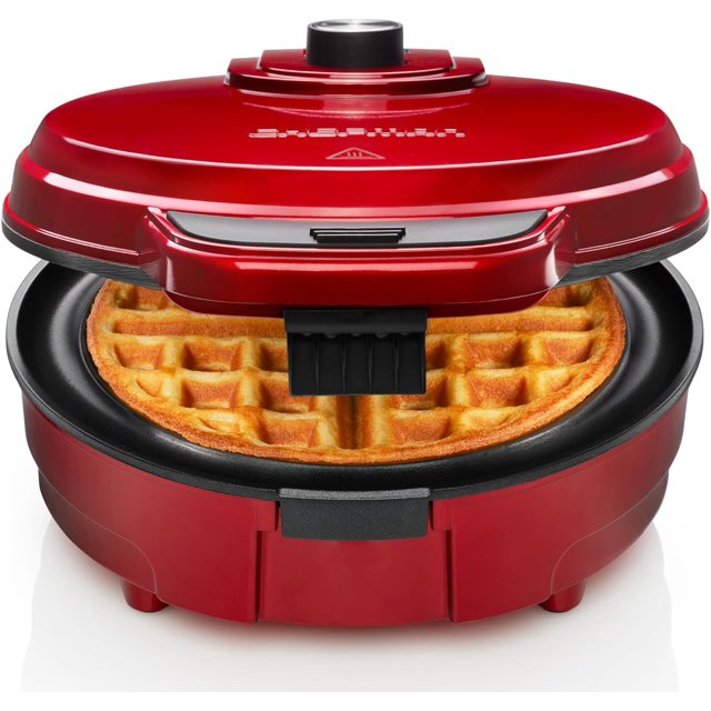 TEMOGU-Anti-Overflow Belgian Waffle Maker w/ Shade Selector, Temperature Control, Mess Free Moat, Round Iron w/ Nonstick Plates & Cool Touch Handle, Measuring Cup Included, Red