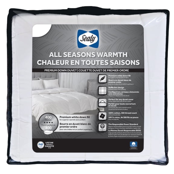 Sealy All Seasons Down Duvet, F/Q- Cotton Baffle Box Design Cover, Down Feather Fill