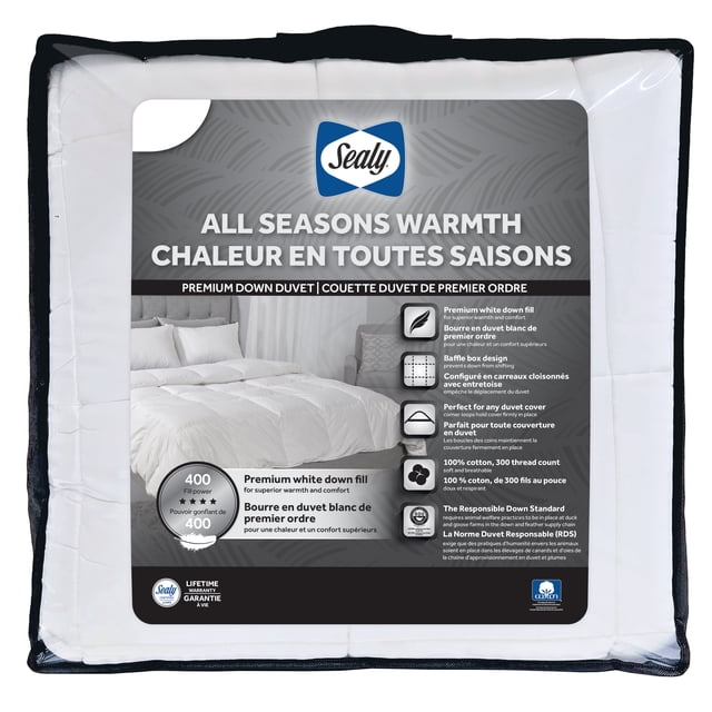 Sealy All Seasons Down Duvet, F/Q- Cotton Baffle Box Design Cover, Down Feather Fill