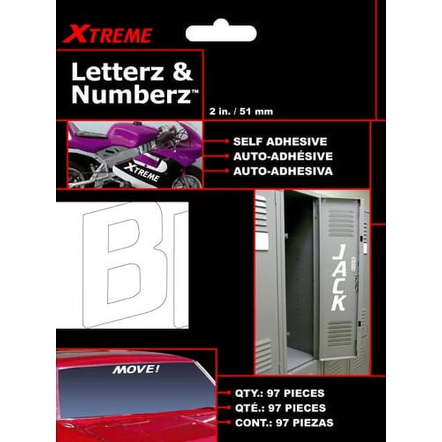 Xtreme Letter Decal kit containing 97 white 2-inch vinyl self-adhesive letters and numbers, shown applied on a purple motorcycle, a locker door with 'JACK', and a red car windshield with 'MOVE!'. Ideal for automotive exterior decoration and other smooth surfaces.