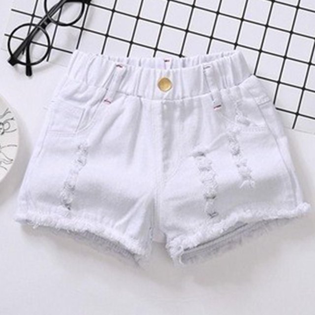 Seasonal Savings,Versatile Denim Shorts, Solid Color, Button Pocket, Ripped Style, For Kids, Comfortable Fit, Playtime Fashion, Kids Shorts Trendy Style|Cotton,White,Sopatenor
