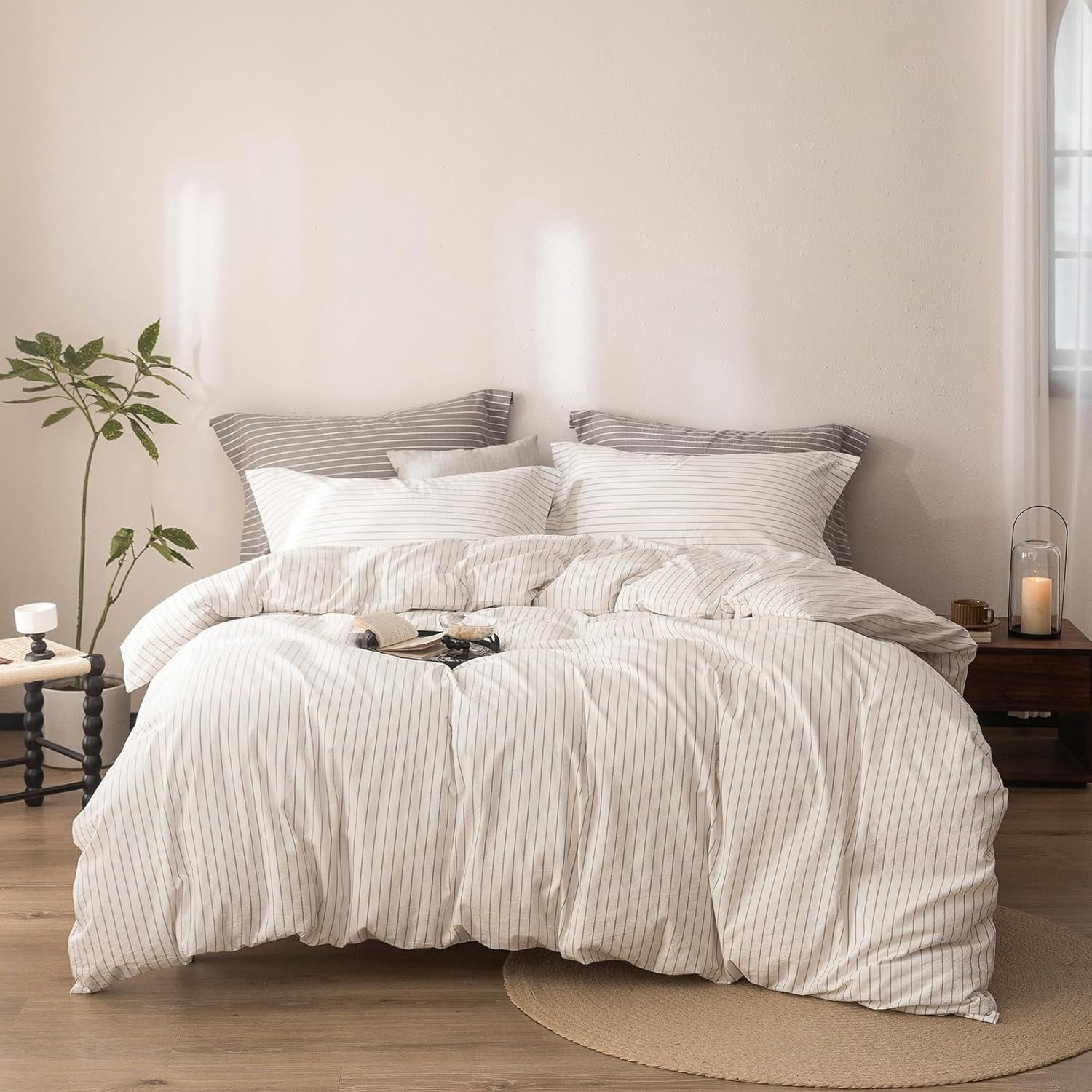 Stripe Duvet Cover Full Size 90inch x 80inch,100% Washed Cotton Linen Feel Duvet Cover with Zipper Closure and 2 Pillowcases, Color of Off White-Linen Grey Stripe