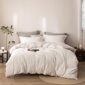 Stripe Duvet Cover Full Size 90inch x 80inch,100% Washed Cotton Linen Feel Duvet Cover with Zipper Closure and 2 Pillowcases, Color of Off White-Linen Grey Stripe