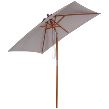 Outsunny 6.6 x 5ft Fir Wooden Patio Umbrella Market Parasol Tilt Mechanism 6 Ribs Garden Sunshade, Grey