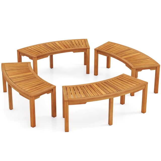 Costway 4 PCS Outdoor Curved Bench with Slatted Seat Wrap Around Tree Bench 2-Person Seating