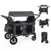 Babyjoy Wagon Stroller, Foldable 4-Seater Push-Pull Toddler Stroller with Removable Canopy Gray