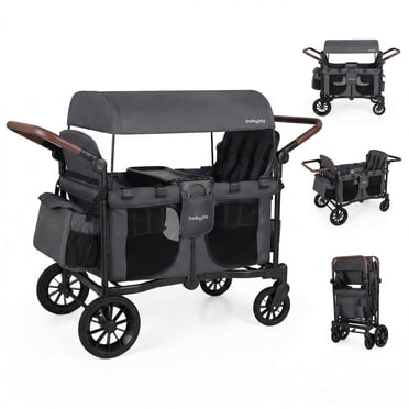 Babyjoy Wagon Stroller, Foldable 4-Seater Push-Pull Toddler Stroller with Removable Canopy Gray