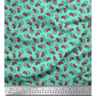 Soimoi Rayon Fabric Leaves & Strawberry Fruits Printed Fabric 1 Yard 56 Inch Wide