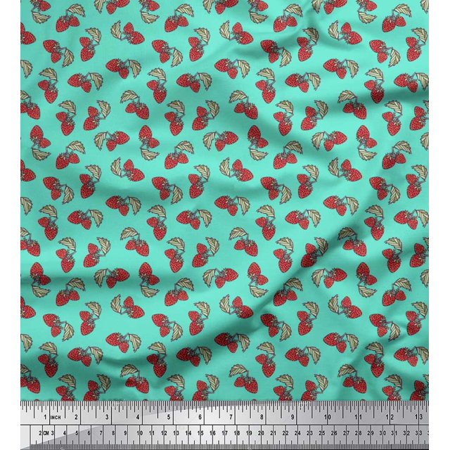 Soimoi Polyester Crepe Fabric Leaves & Strawberry Fruits Decor Fabric Printed Yard 52 Inch Wide