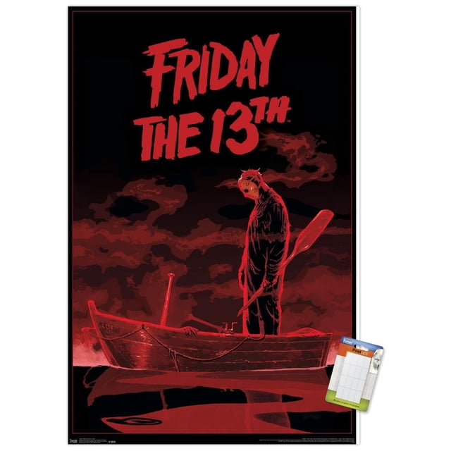 Friday The 13th - Boat Wall Poster, 22.375" x 34", a glossy wall poster showing a masked figure standing in a wooden rowboat holding an oar with dark red clouds in the background, suitable for home décor or themed party decoration.