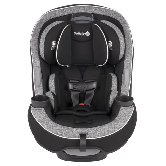 Safety 1st Grow and Go ARB 3-in-1 Car Seat shown in convertible profile with padded Anti-Rebound Bar (rear-facing) and removable ARB for forward-facing use. QuickFit harness and headrest adjust together, snap-off machine-washable cover, two soft-grip cup holders, one-click UAS connectors, deep side wings with extra head foam.
