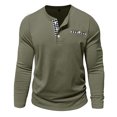 thumbnail image 3 of Ohufall Cotton T-Shirts for Mens Solid Color Plaid Front Pockets Henley Tops Breathable Plus Size Long Sleeve Tees, Size S-3XL, 3 of 6